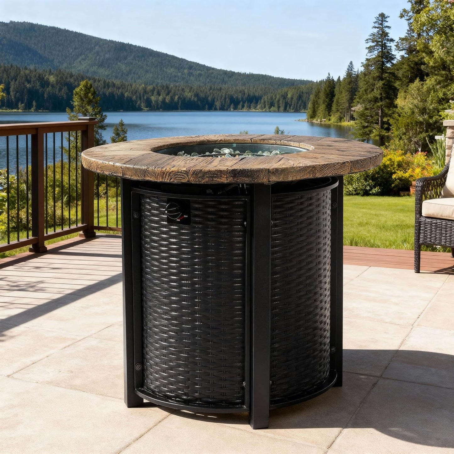 30" Propane Gas Fire Pit Table, 50000 BTU Round Steel Fire Pit with Imitation Wood Grain Finish, A Protective Rain Cover for Outside Patio Deck Garden Backyard, Home Essentials, Thanksgiving Day-Black