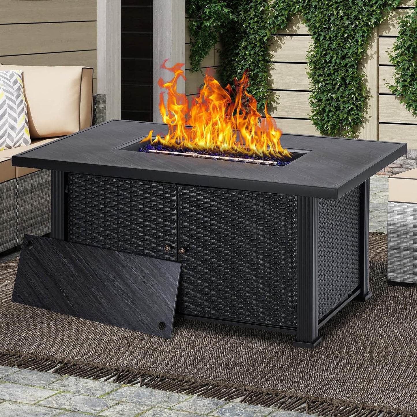 GarveeLife 57 in Propane Fire Pit, CSA-Listed Outdoor Gas Fire Pit Rectangular Tabletop with Lid, 50,000 BTU Steel FireTable with Rain Cover Glass Wind for Outside Patio Yard Balcony, Black
