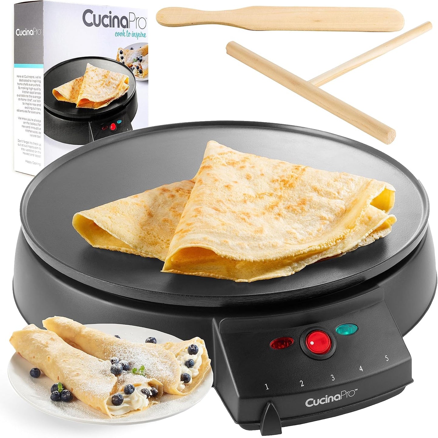 12" Griddle & Crepe Maker, Non-Stick Electric Crepe Pan w Batter Spreader & Recipe Guide- Dual Use Hot Plate for Blintzes, Eggs, Pancakes- Portable, Adjustable Temperature Settings - Breakfast Gift