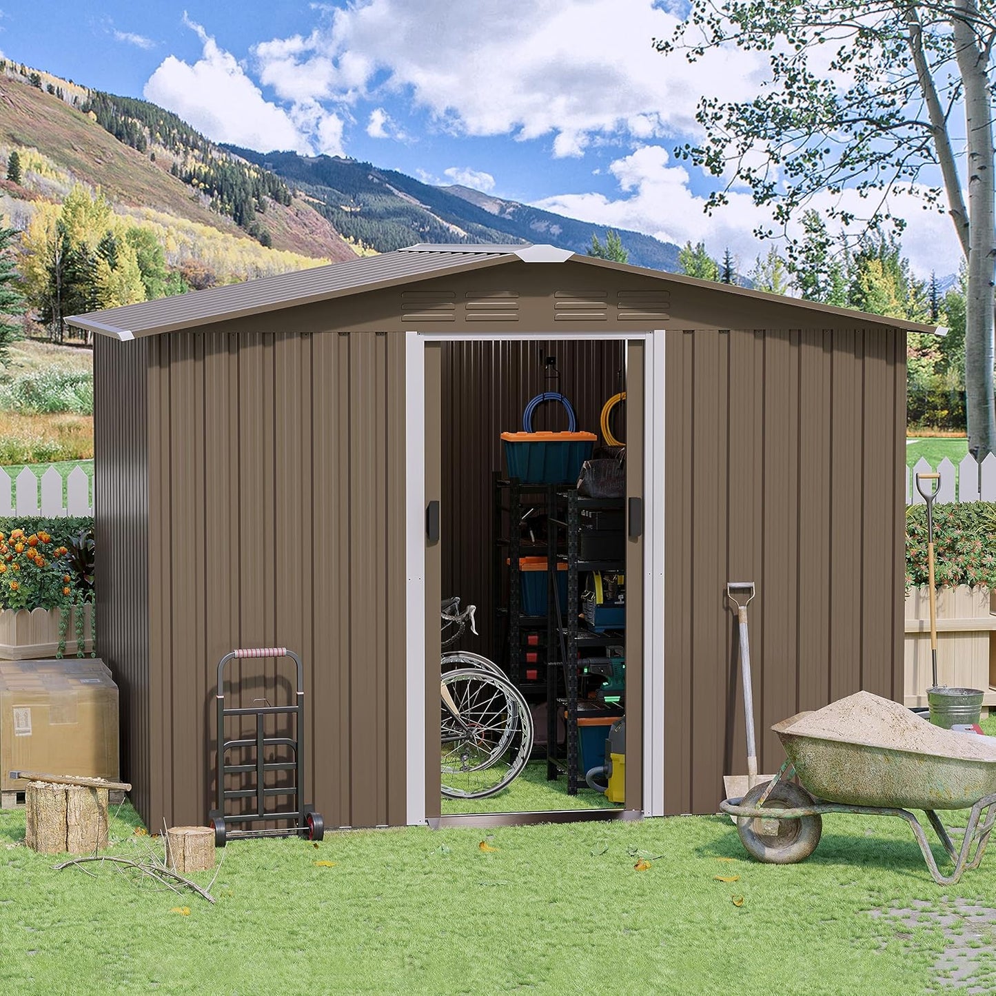 8FT x 6FT Outdoor Storage Shed, Waterproof, Lockable Door Metal Tool Shed with Sliding Door and Air Vents, Storage House for Gardening Tools, Metal Storage Shed for Garden, Backyard, Lawn