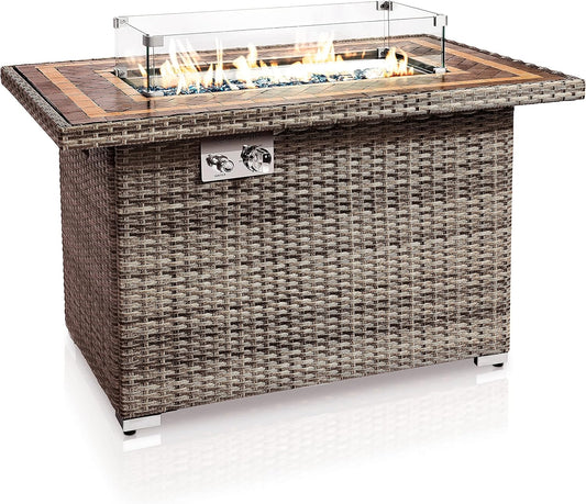 SerenelifeHome Outdoor Propane Fire Pit Table- 50,000 BTU Auto-Ignition Gas Fire Pit w/Glass Wind Guard, Mosaic Tabletop with PE Rattan Base