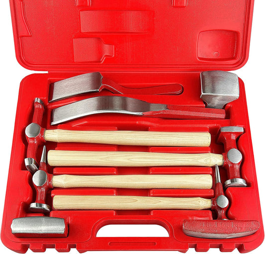 C&T 9 Piece Heavy Auto Body Repair Tool Hammer Dolly Set, Car Body Repair Tool Kit with Carrying Case, Hickory Handles,Fender Repair kit