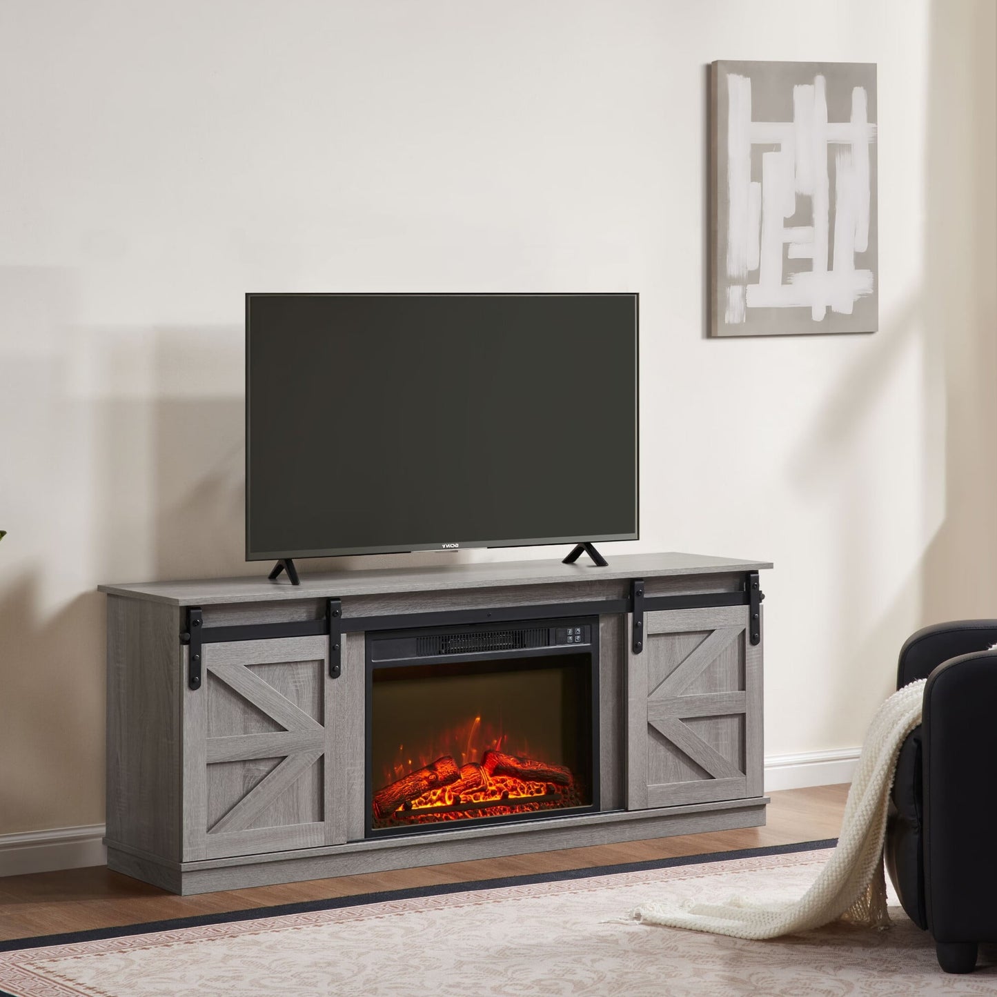 AENKYO 58" Farmhouse TV Stand with Electric Fireplace, Sliding Barn Doors & Adjustable Shelves, Fits TVs up to 65", White