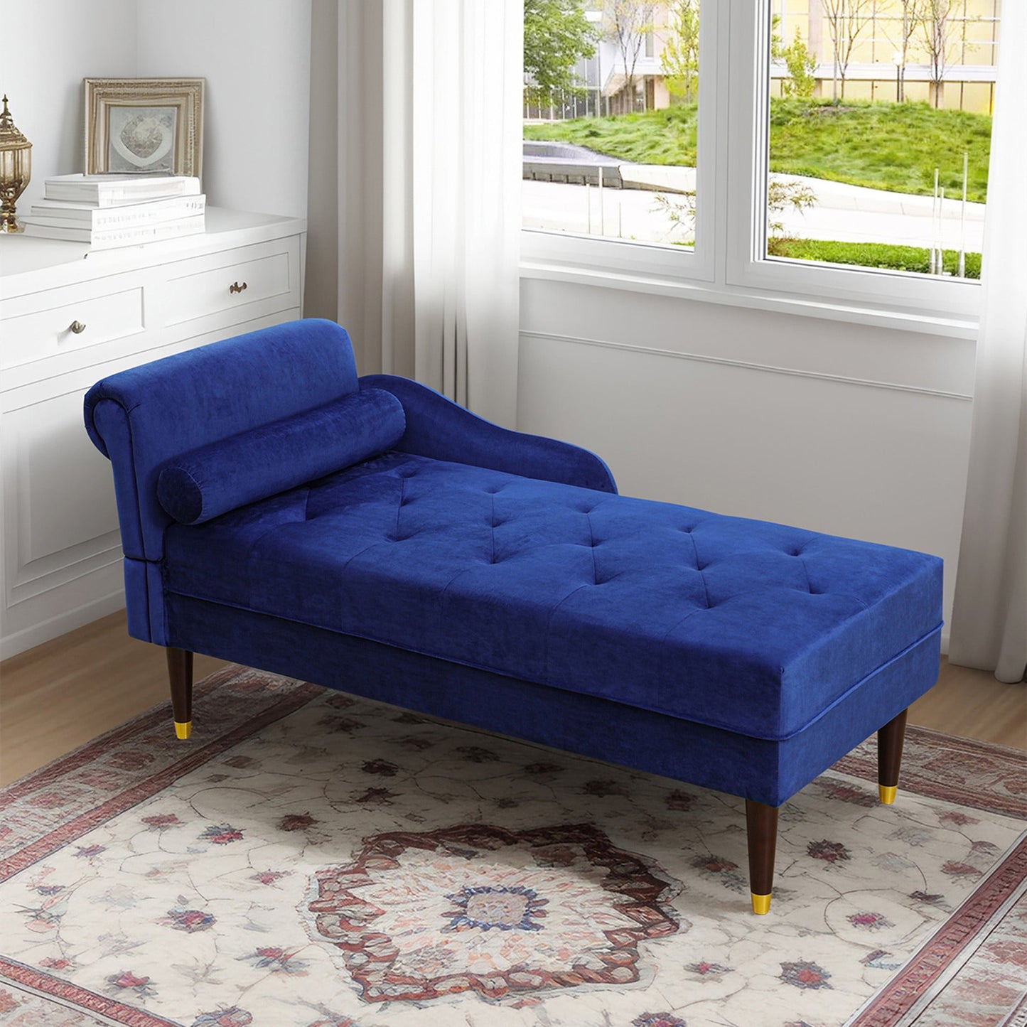 Aukfa 59" Velvet Chaise Lounge Indoor Upholstered Tufted Sofa w/ Pillow for Living Room Bedroom, Blue