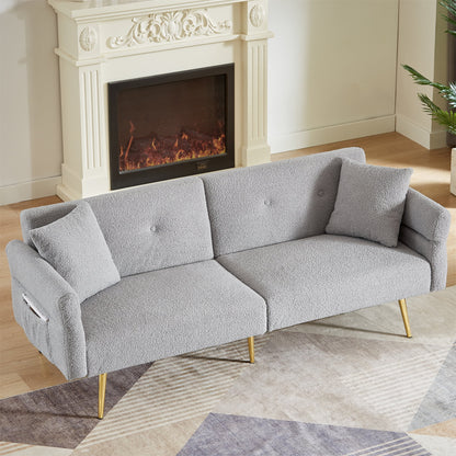 Aukfa 79" Futon Convertible Sofa Bed, Adjustable Arm, 2 Pillows&Side Pocket, Teddy Fleece, Gray