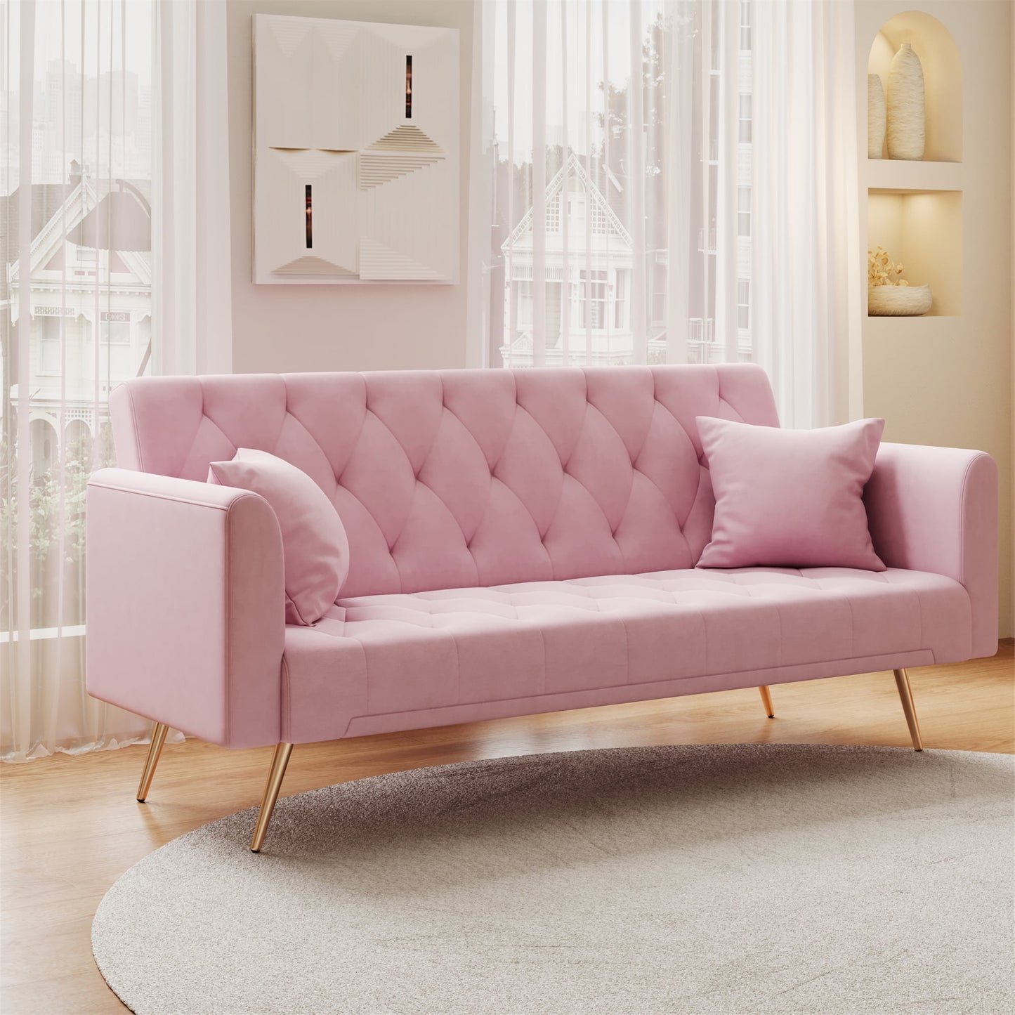 Aukfa Curved Arm Futon Convertible Sofa Bed for Home Office, 2 Pillows, Tufted Back, Velvet, Pink