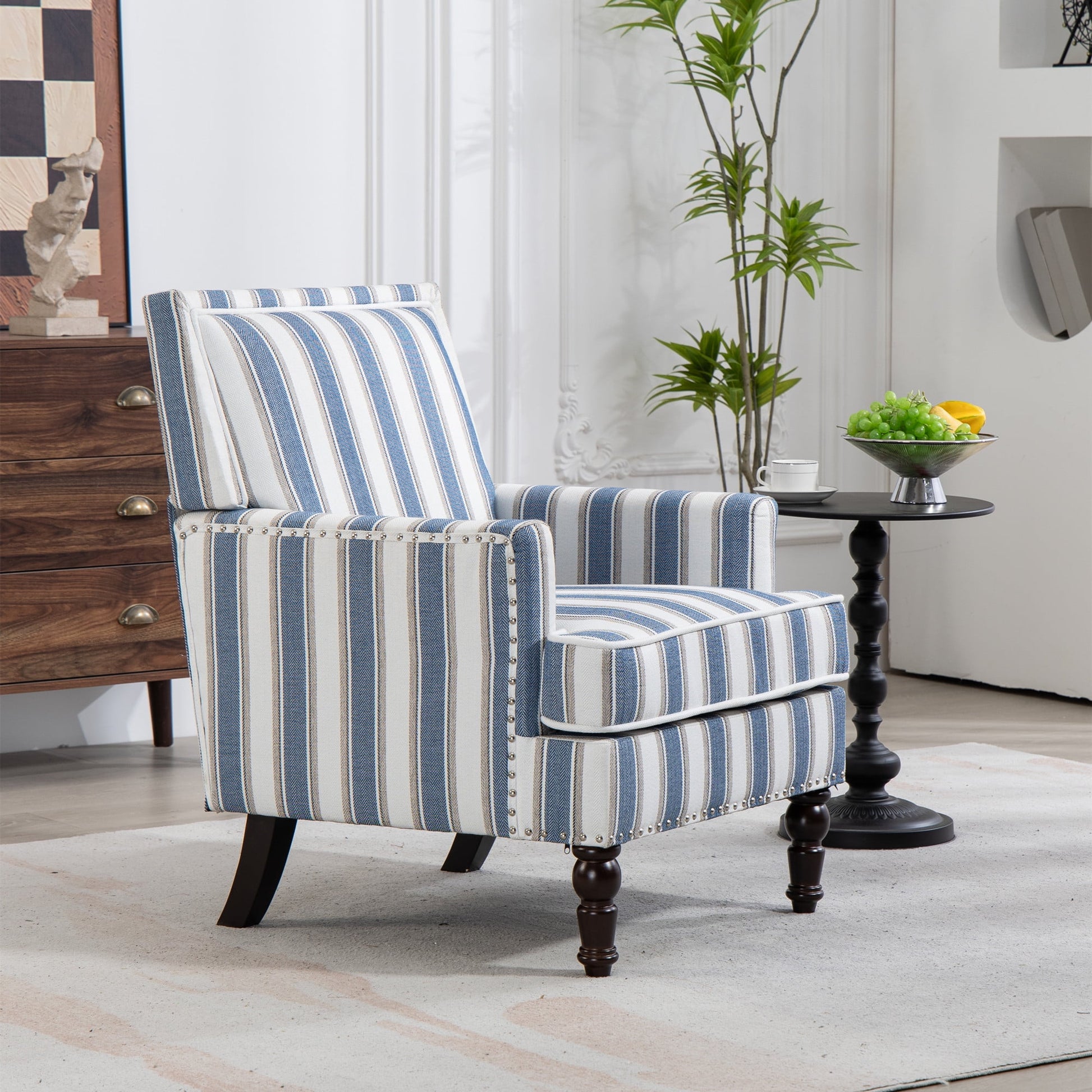 Aukfa Vintage Accent Chair High Back Armchair with Rivet Trim&Wooden Legs, Blue Stripes