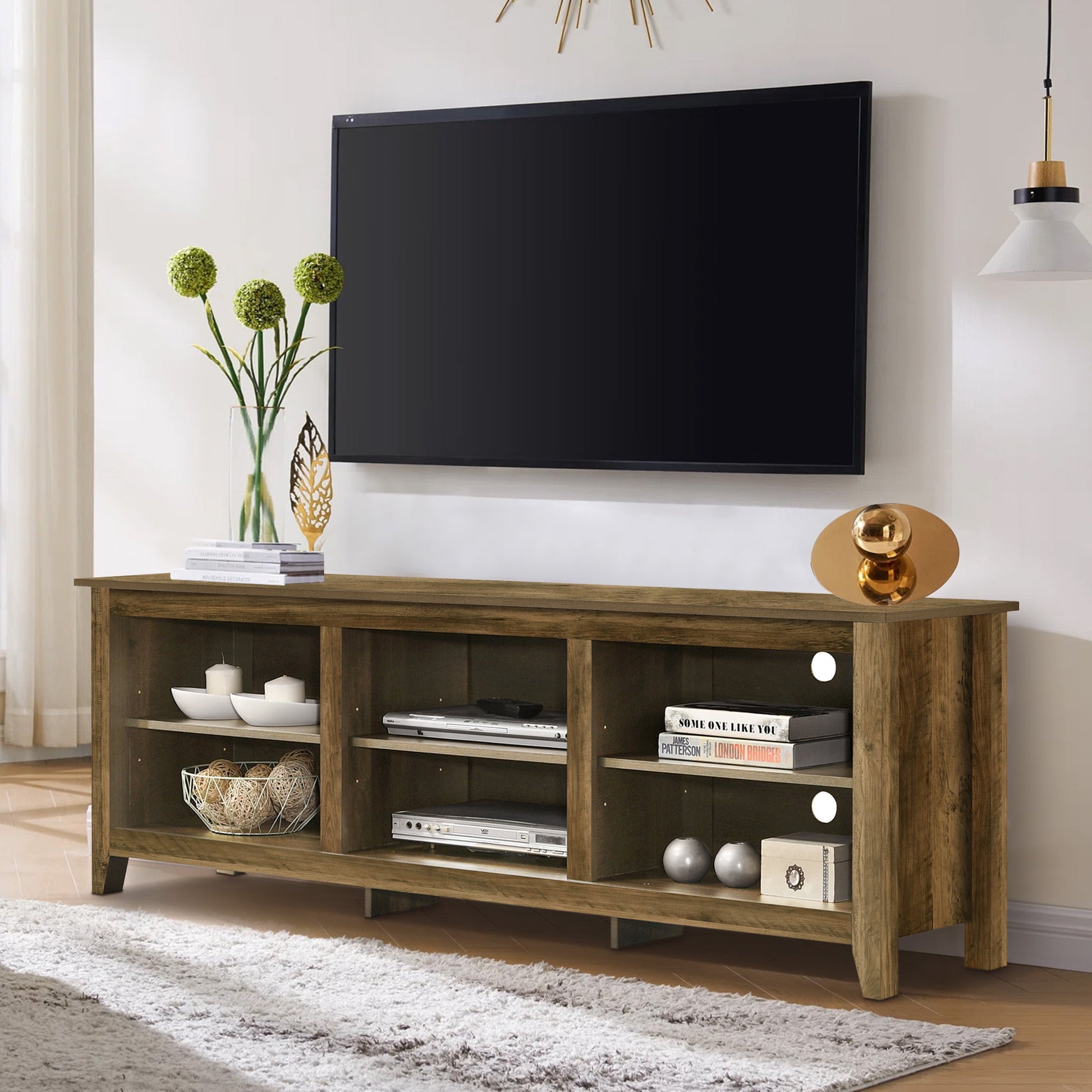 Aukfa Modern TV Stand for TVs up to 80'' with Metal Handles & Cabinet for Living Room, Oak