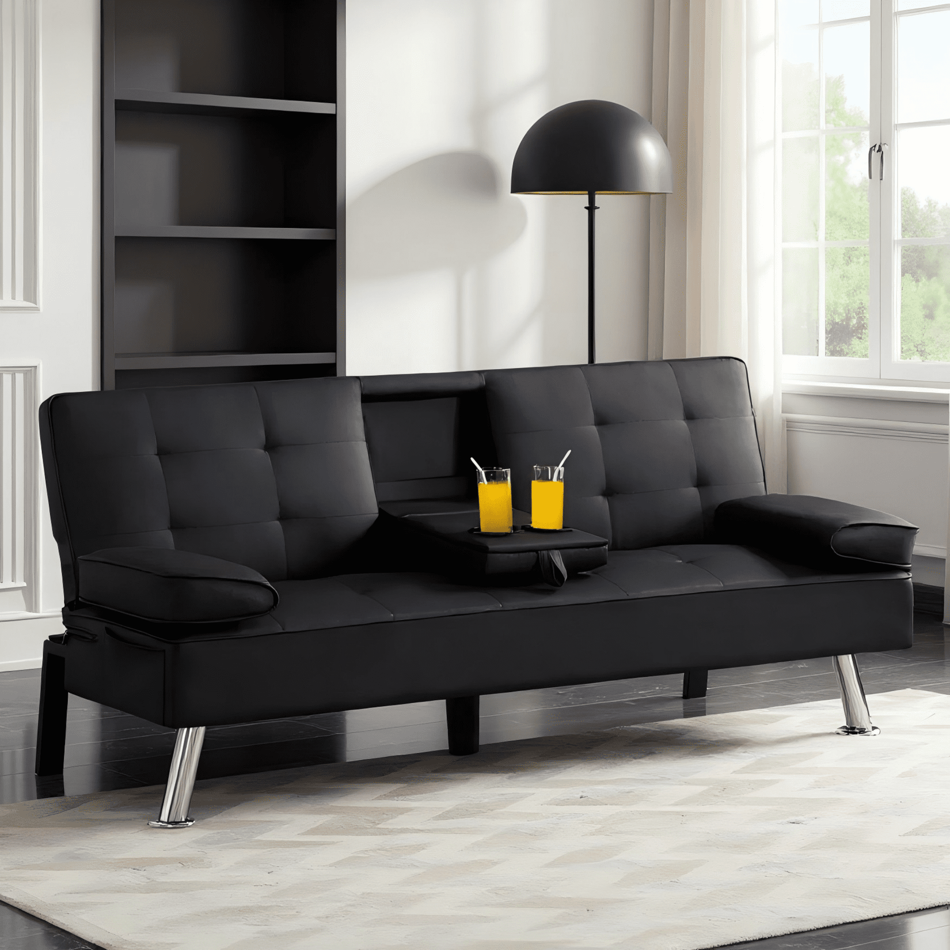 BSHTI 65.3” Futon Sleeper Sofa Bed,Tailored PU Upholstery Futon Sleeper,3 Angles for Adjusting Sofa,for Home,Office,and Guest Room Black