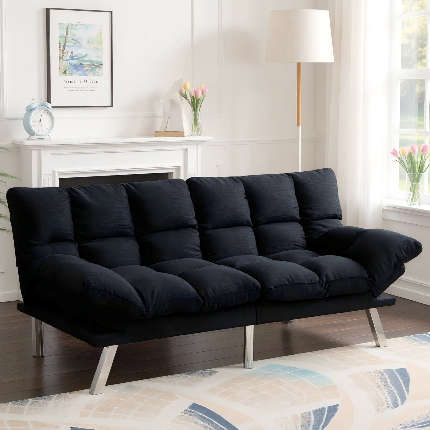 BSHTI 67.3" Multi-Functional Futon Sofa Bed, Corduroy Twin Size convertible Sleeper Sofa, With 3-Position Adjustable Backrest & Armrests, Split-Back, Pitch Black