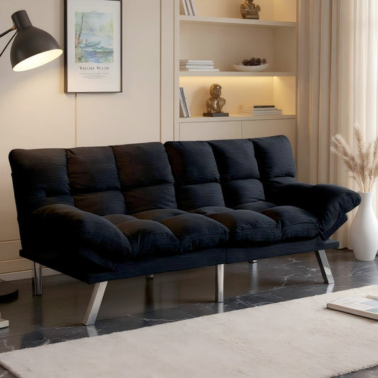 BSHTI 67.3" Multi-Functional Futon Sofa Bed, Corduroy Twin Size convertible Sleeper Sofa, With 3-Position Adjustable Backrest & Armrests, Split-Back, Pitch Black