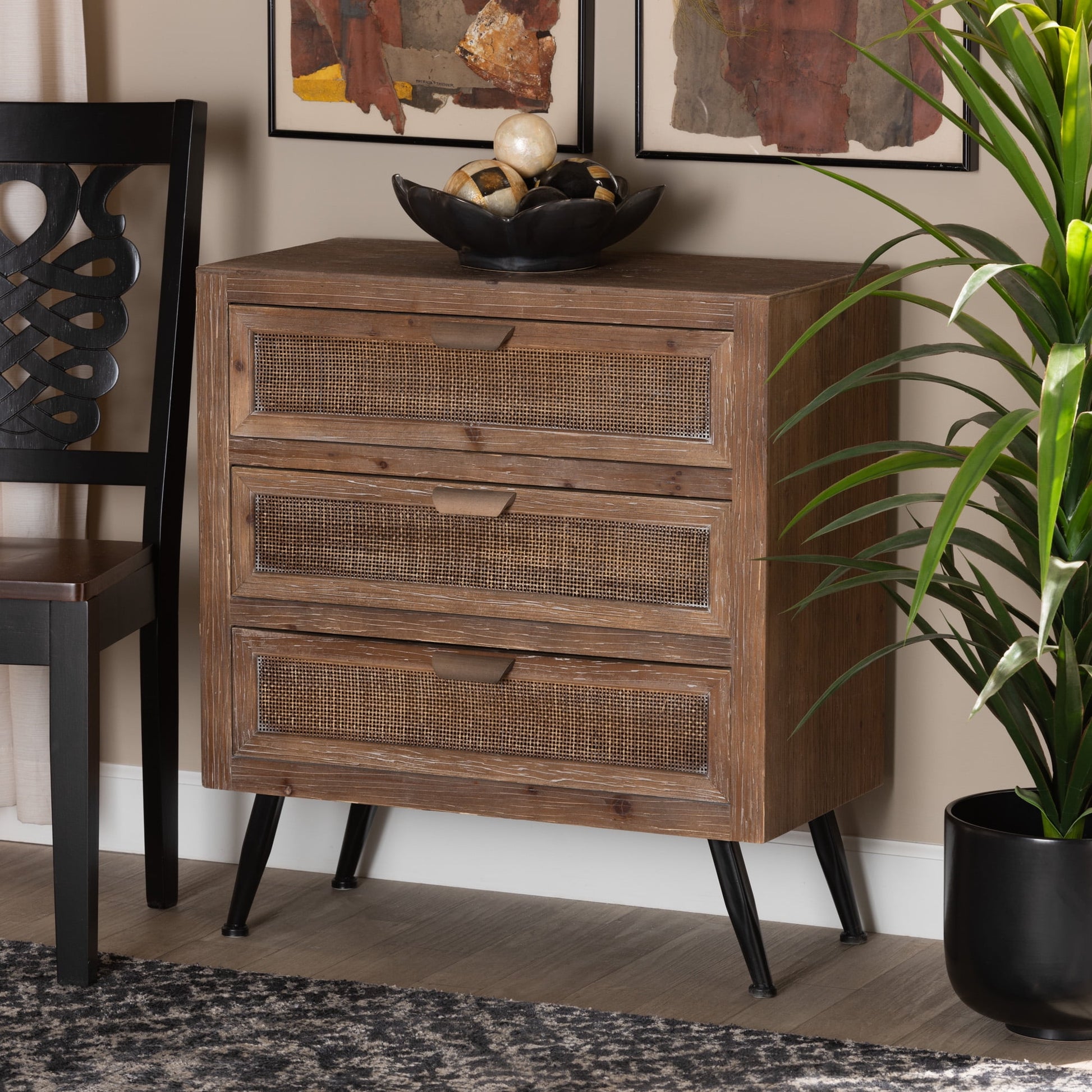 Baxton Studio Calida Mid-Century Modern Whitewashed Natural Brown Finished Wood and Rattan 3-Drawer Storage Cabinet