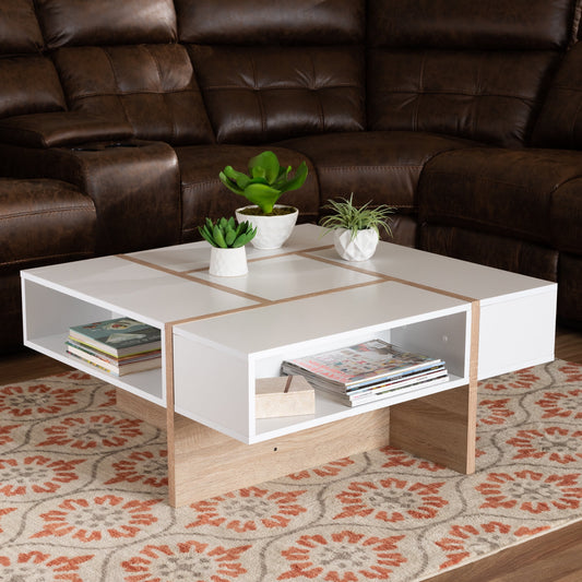 Baxton Studio Modern Storage Polyuerethane Coffee Table, White Oak