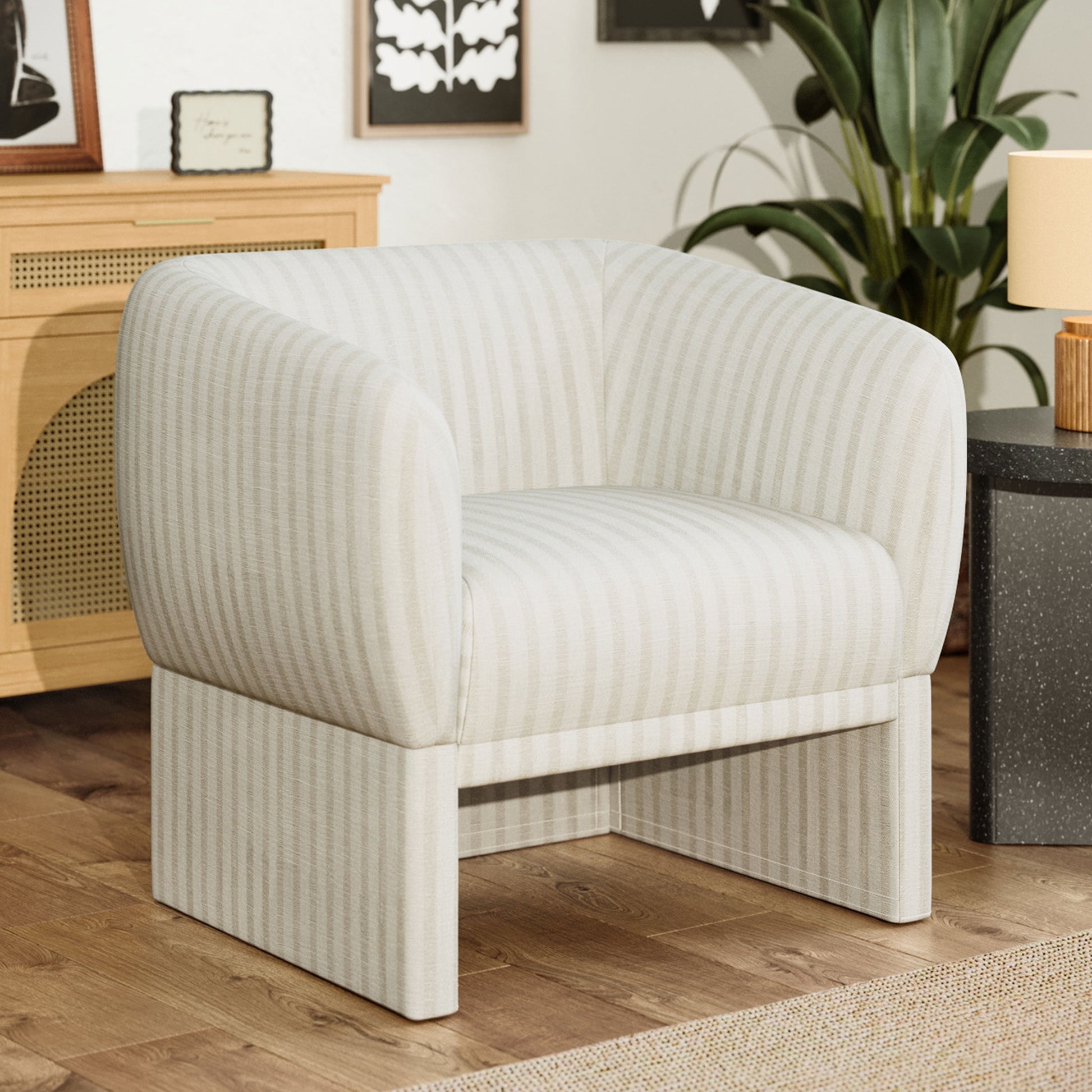 Beautiful Small Space Accent Chair by Drew Barrymore, Beige and White Linen