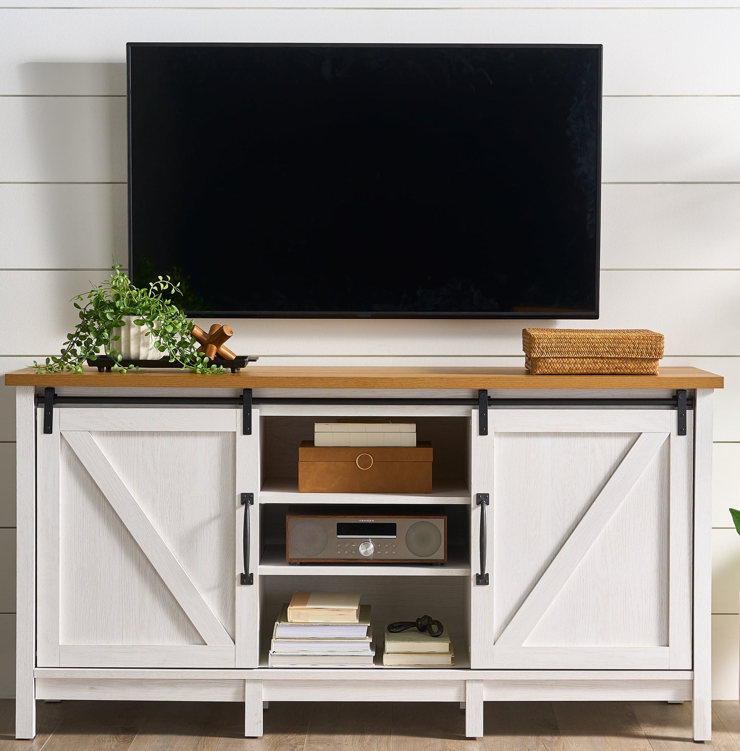 Better Homes & Gardens Modern Farmhouse TV Stand for TVs up to 70", Rustic Gray