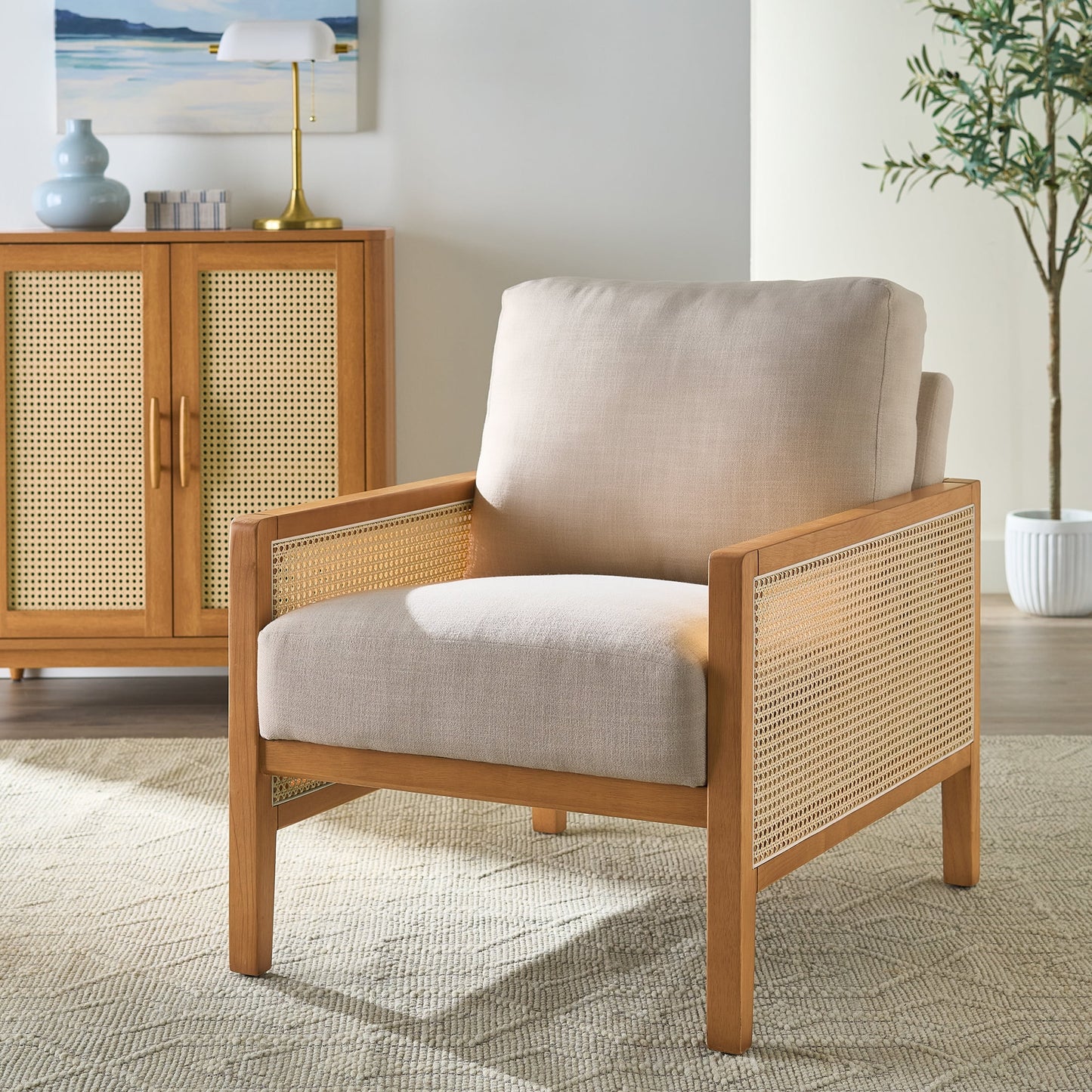 Better Homes & Gardens Springwood Caning Accent Chair, Light Honey Finish