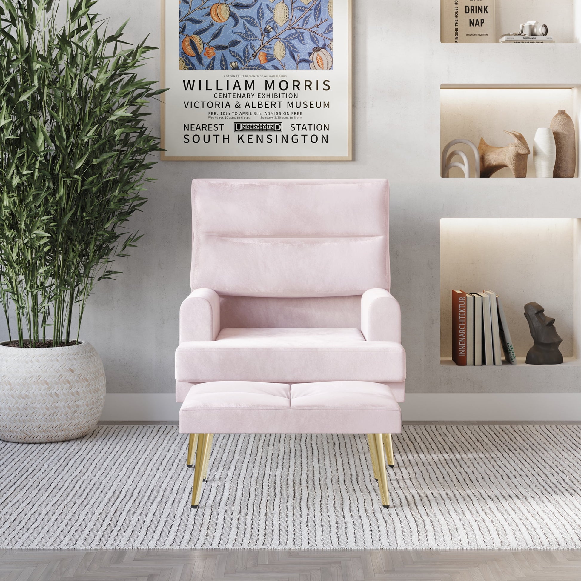 Castle Place Luxury Upholstered Velvet Accent Chair with Ottoman, Light Pink