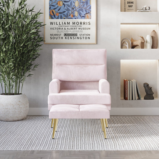 Castle Place Luxury Upholstered Velvet Accent Chair with Ottoman, Light Pink