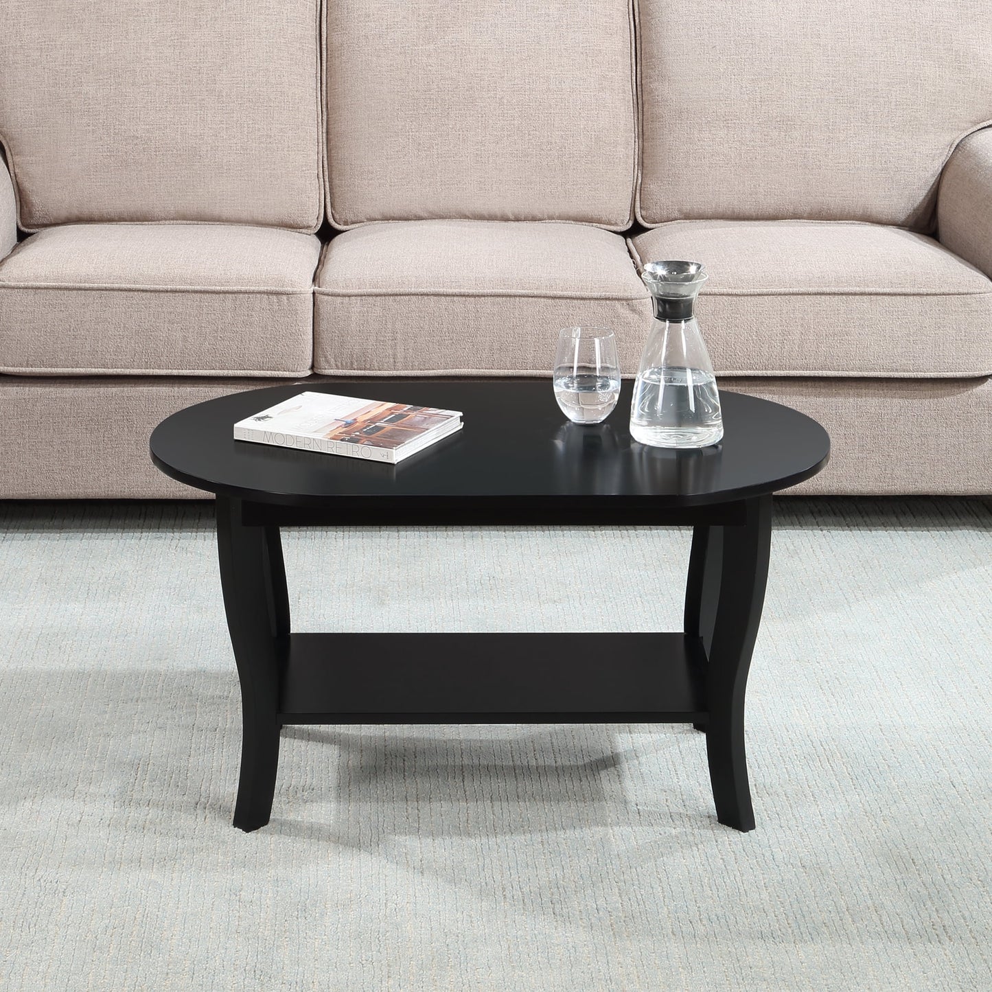 Convenience Concepts Classic Storage Oval Medium Density Fiberboard Coffee Table with Shelf, Black