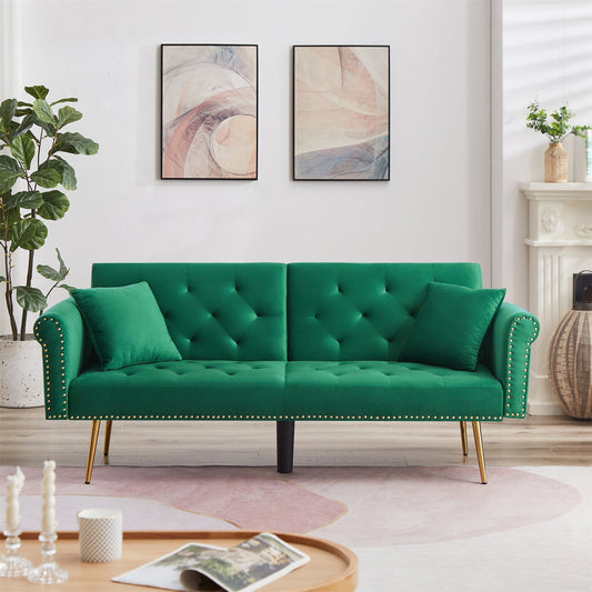Convertible Futon Sofa Bed,Velvet Upholstered Nailhead Loveseat Sofa with Two Pillows,Modern Sleeper Couch Bed for Living Room,Bedroom,Green