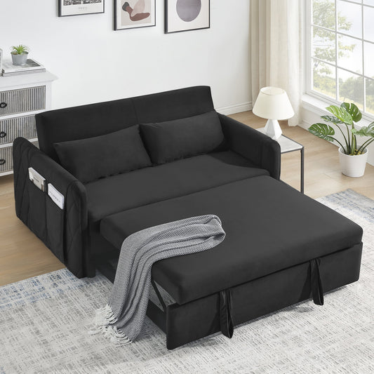 Convertible Sofa Bed,55 inch 3 in 1 Sleeper Sofa with Pull Out Bed,Modern Velvet Couch with 2 Pillows and Adjustable Backrest for Living Room Office,Black