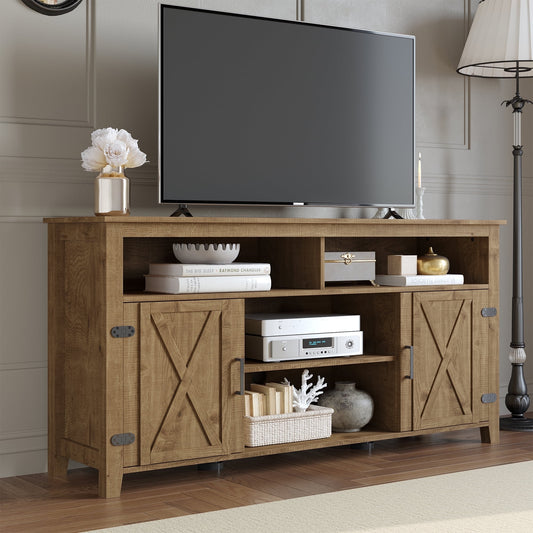 Dextrus Farmhouse TV Stand for 65-Inch TV, 4-Shelf Rustic Media Console, 2-Door Storage Cabinet, Brown