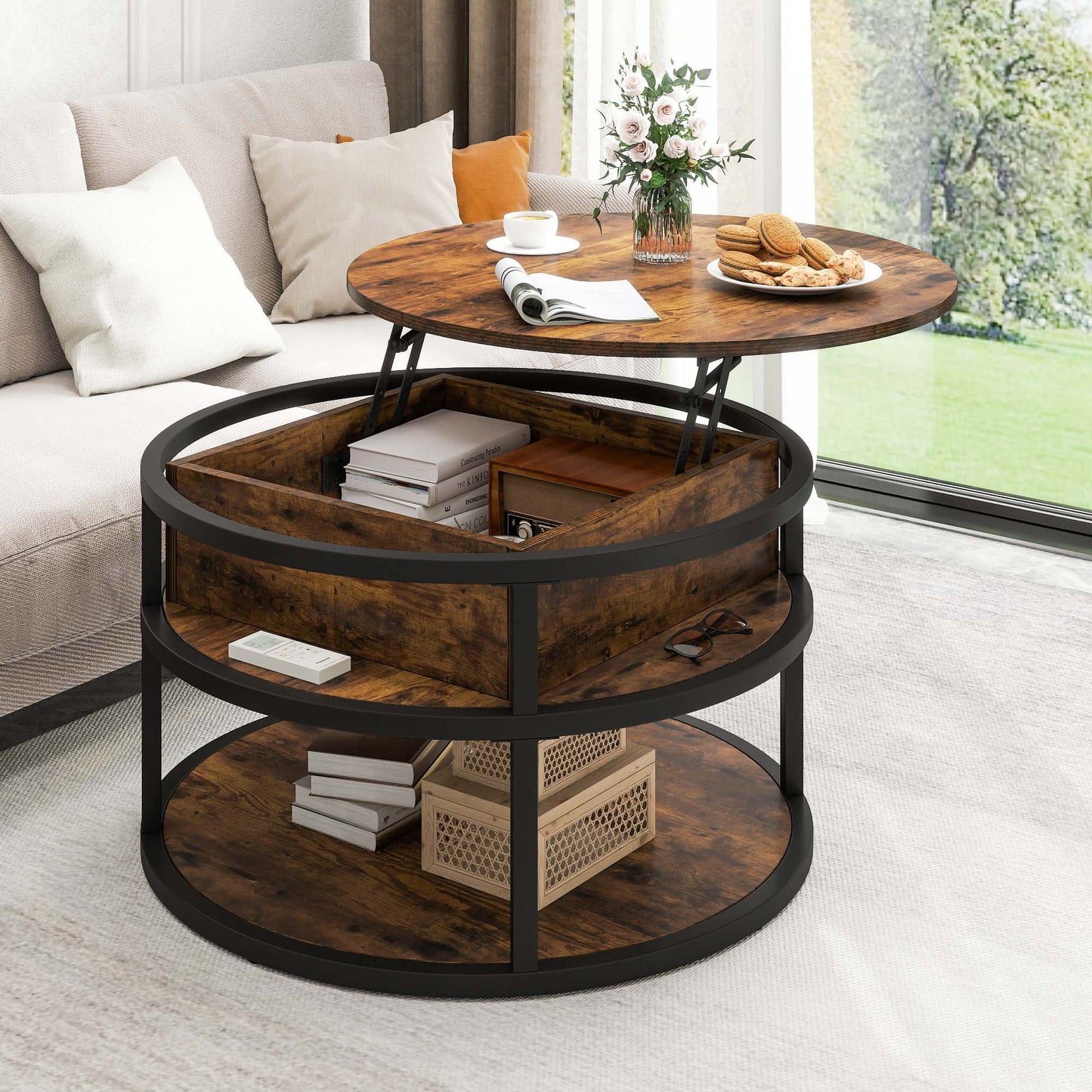 Dextrus Modern Lift Top Coffee Table with Storage, Round Center Tables for Living Room, Home Office, Brown