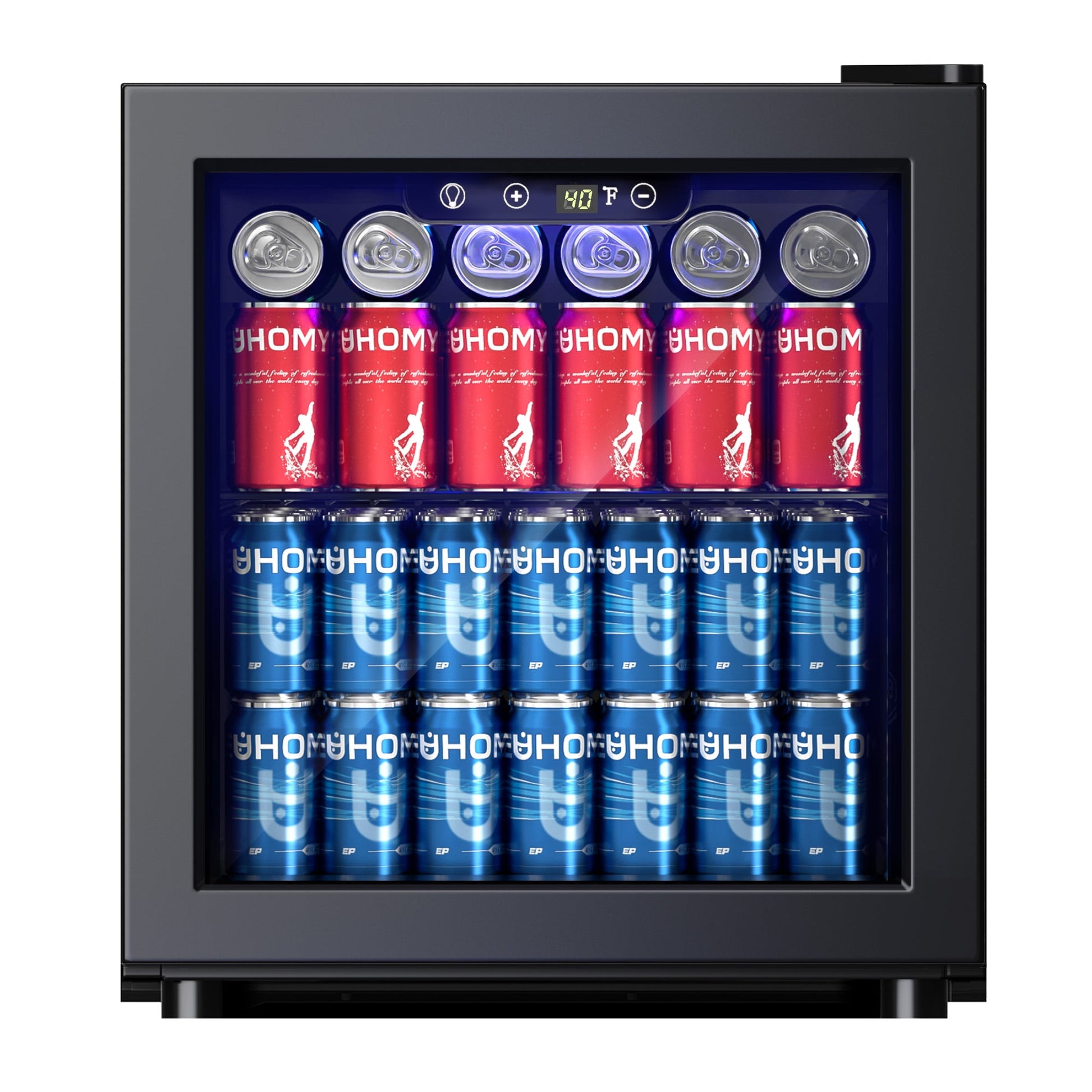 EUHOMY 50 Can Beverage Refrigerator Cooler, Countertop Mini Fridge with Adjustable Shelves Blue LED