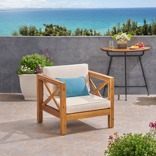 Elisha Outdoor Acacia Wood Club Chair with Cushion, Teak and Beige