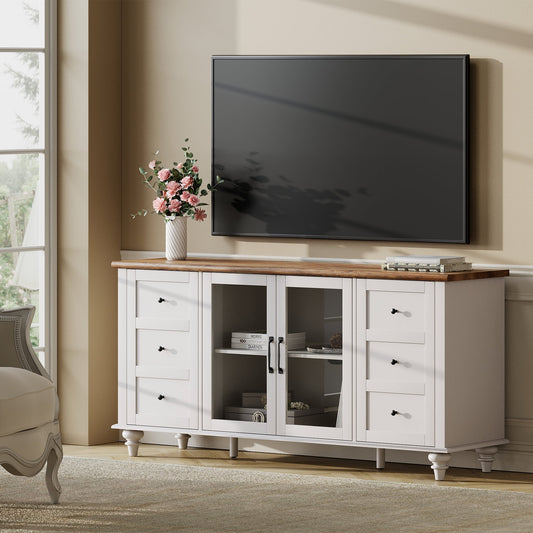 Farmhouse White Glass&Wood Television Stand for 75 inch TV,Entertainment Center with 4 Storage Cabinets for Living Room