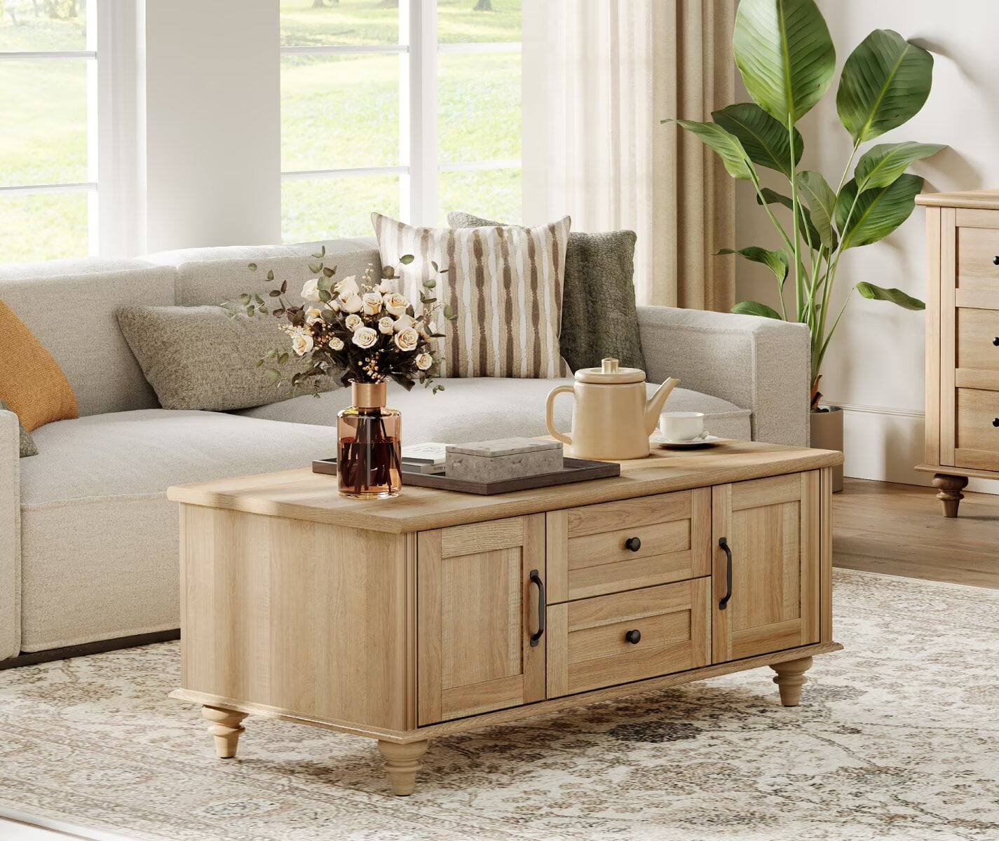 Farmhouse Wooden Coffee Table for Living Room, Rectangle Coffee Table with Drawers, Oak