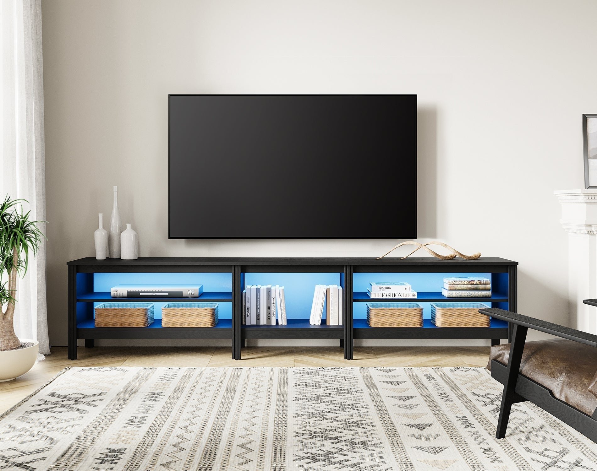 Fitueyes 94" Wood TV Stand for 85-100" TVs, Media Console with Open Shelves & LED Light for Living Room Bedroom, black