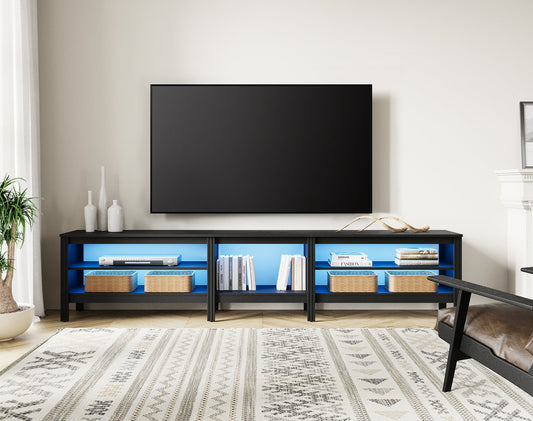 Fitueyes 94" Wood TV Stand for 85-100" TVs, Media Console with Open Shelves & LED Light for Living Room Bedroom, black