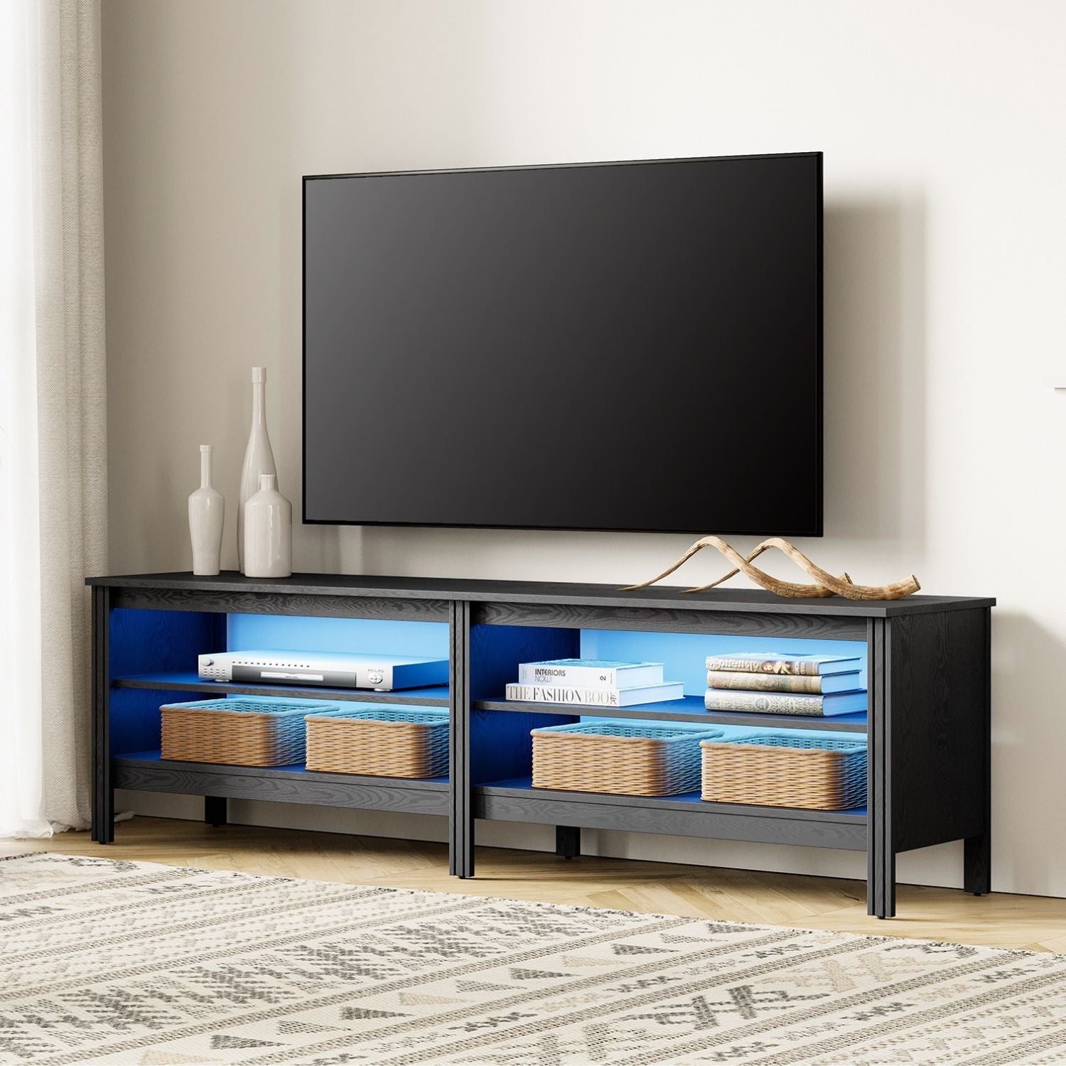 Fitueyes Mid-century Modern TV Stand for 75" TV, black Media Console with Open Shelves and LED Light for Living Room, 70 Inch