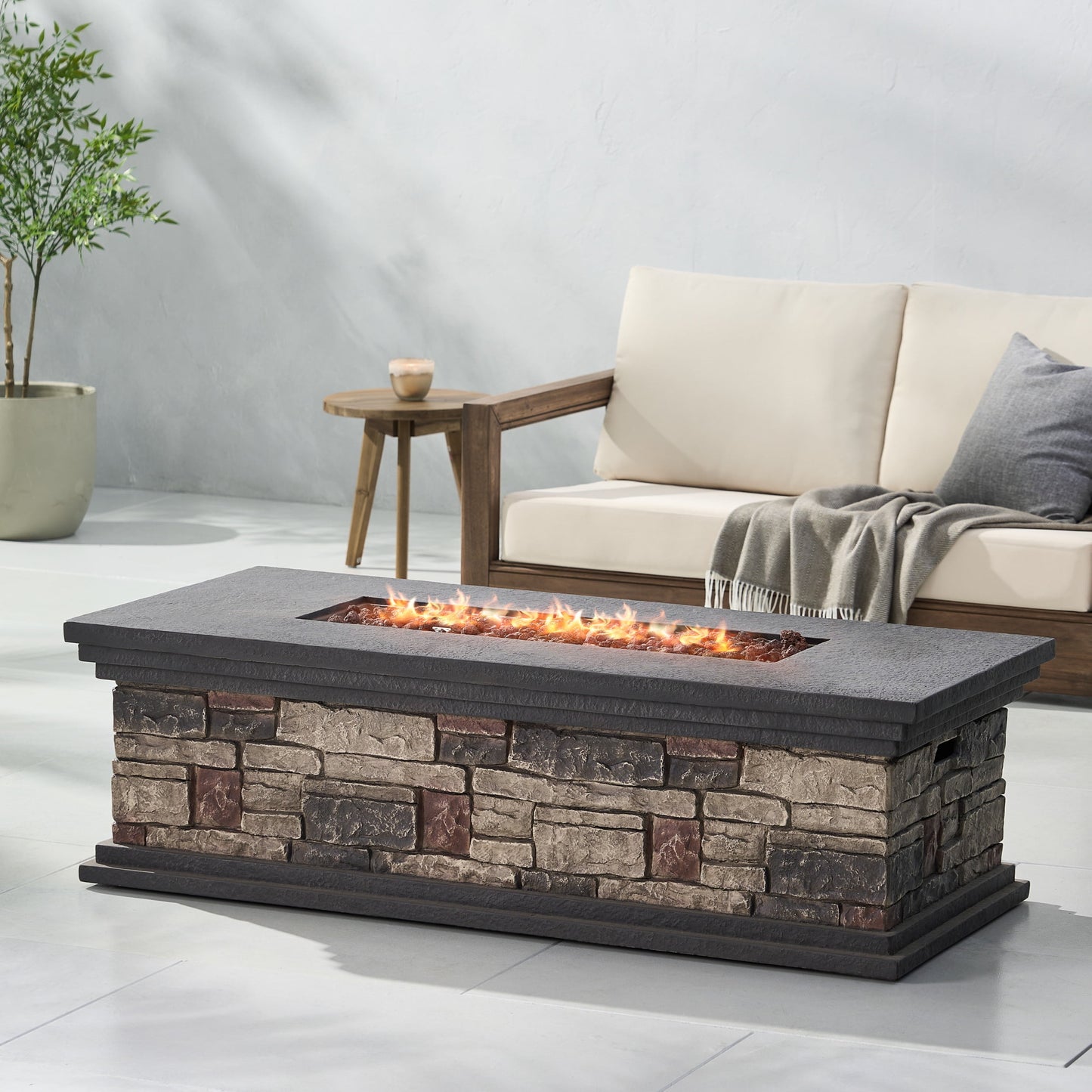 Fox Lightweight Concrete Outdoor 50,000 BTU Rectangular Fire Pit (No Tank Holder), Stone Finish
