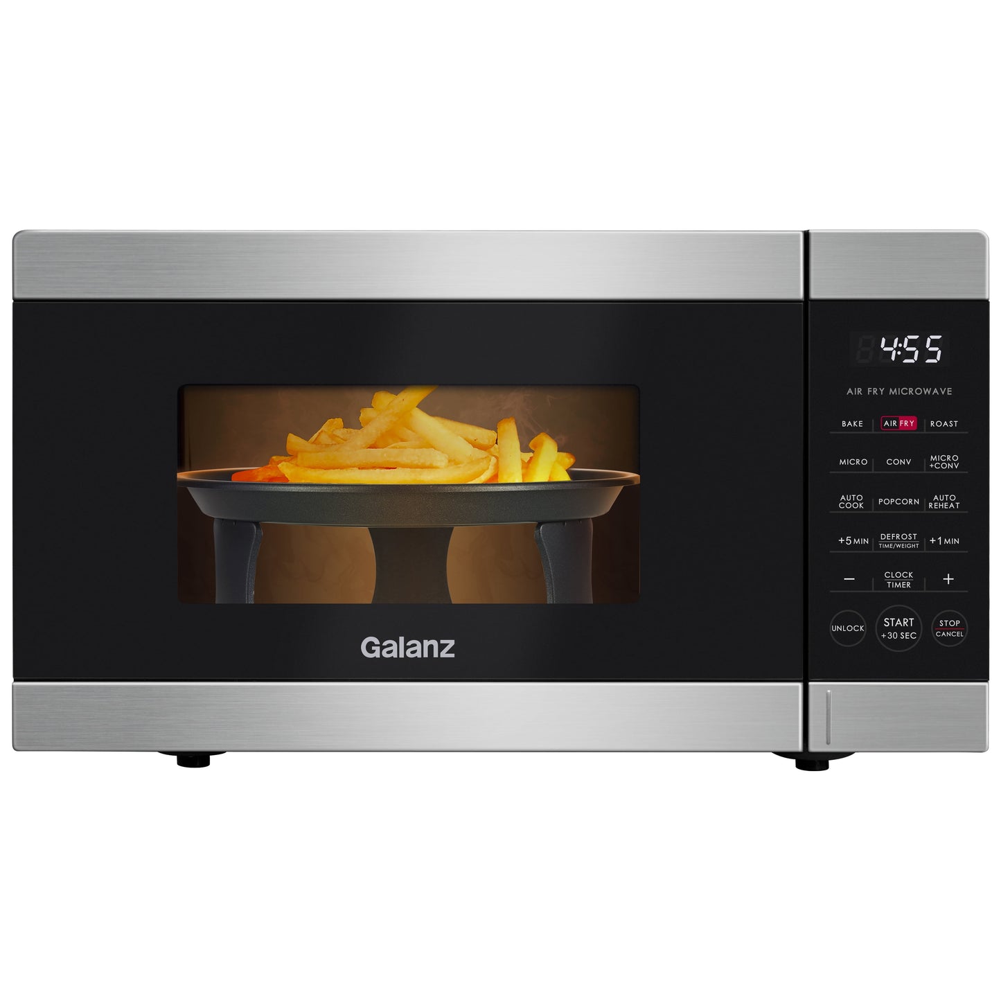 Galanz 0.9 Cu ft Air Fry Countertop Microwave, 900 Watts, Stainless Steel, New