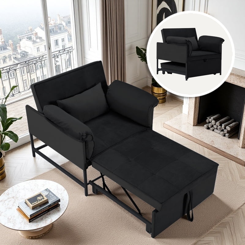 Gewnee 34.3" Modern Convertible Velvet Sleeper Chair, Pull-Out Bed with Adjustable Backrest for Living, Guest Room(Black)