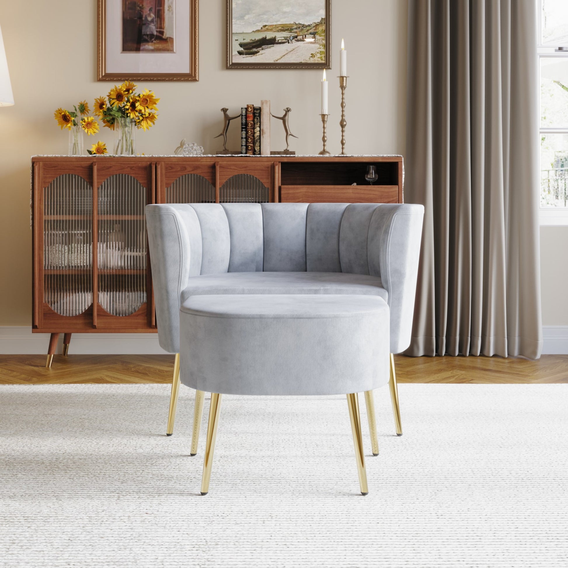 Home Design Moveis Velvet Flared Arm Chair with Stool, Channel-Tufted Back and Metal Legs, Modern Living Room Seating, Silver Gray