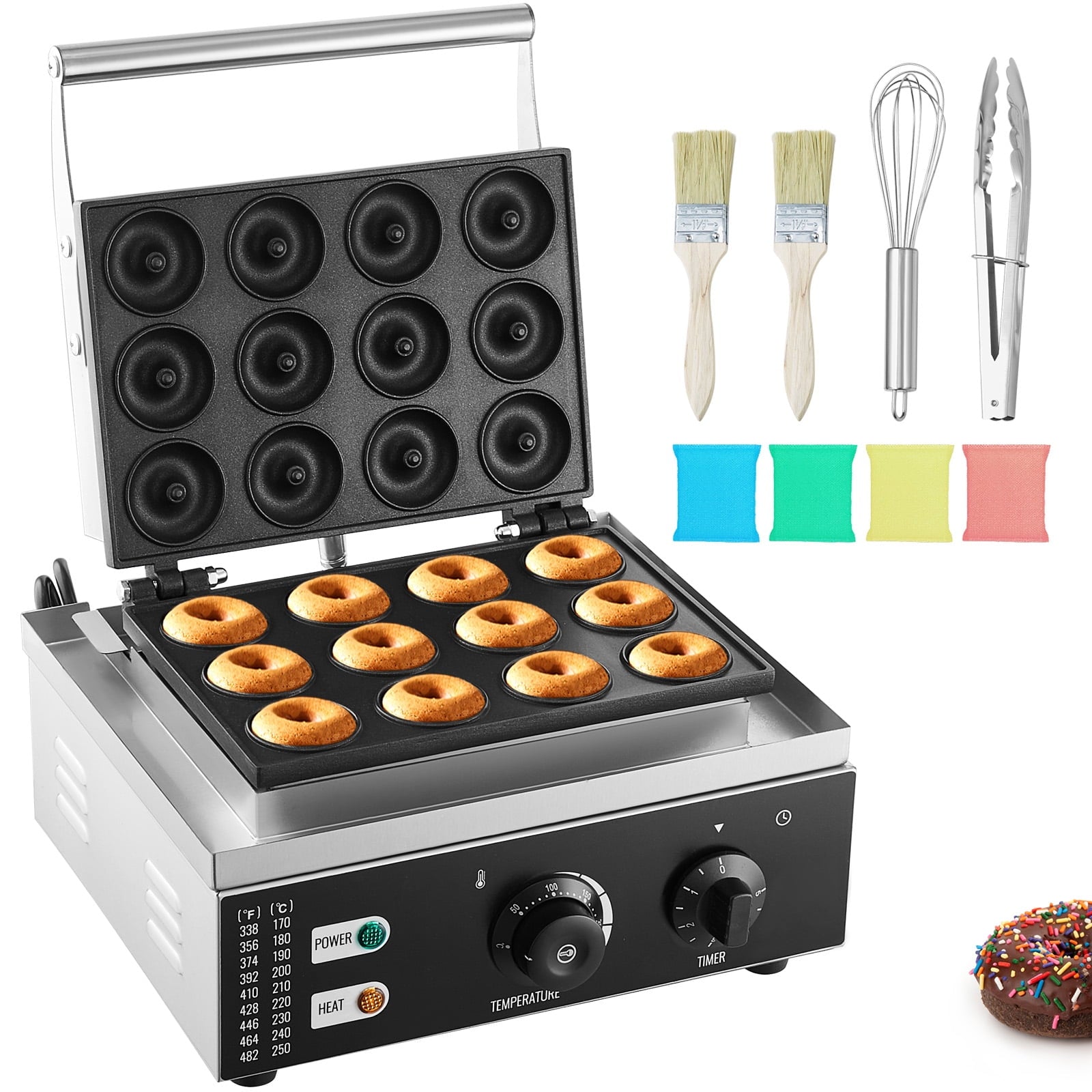 KFFKFF Electric Doughnut Maker, 1550W Dual-Sided Heat Waffle Maker with Non-stick Coating, 12 Slot Doughnut Machine, Temp Range 122-572℉, Ideal for Restaurants & Home
