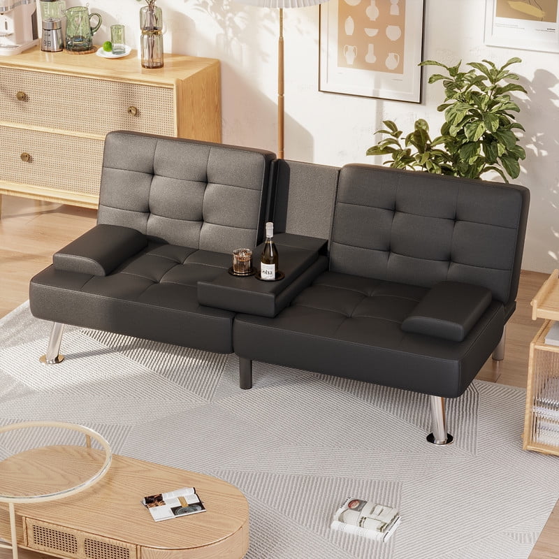 Lacoo Linen Futon Sofa Bed Modern Convertible Sleeper Couch with Removable Armrests & Cup Holders for Living Room,Small Spaces,PU Leather Black