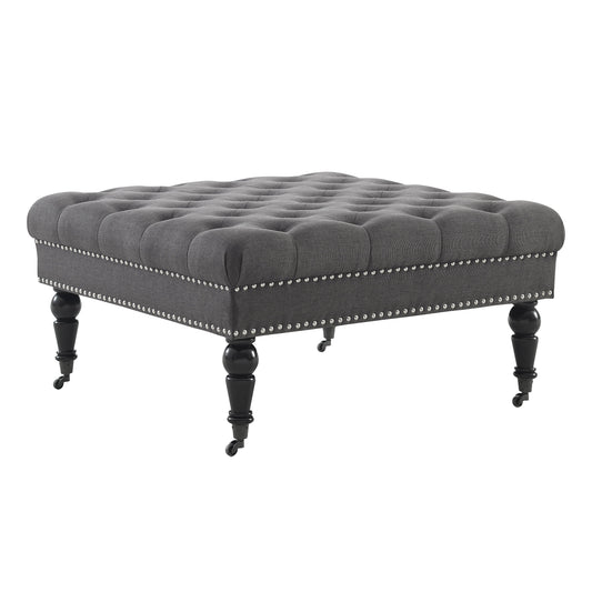 Linon Kacie Square Button Tufted Ottoman, Black/Charcoal Linen