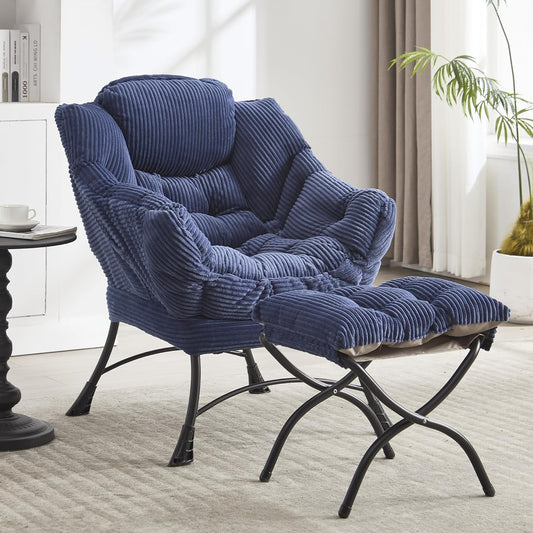 MOONMISS Corduroy Upholstered Oversized Lazy Chair with Folding Ottoman and a Side Pocket-Navy