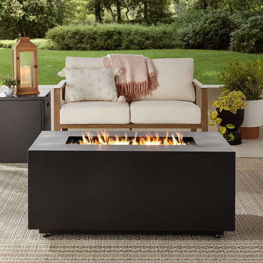 Mainstays 42" Rectangle Black Finish Modern Steel Fire Pit: 42" x 20" 50000 BTU Propane Fire Pit Table with Lid, Tank Hideaway and Cover