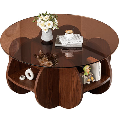 Miniyam 31.5" Round Coffee Table with Tempered Glass Top, Walnut Finish Base with Storage Shelves for Small Spaces