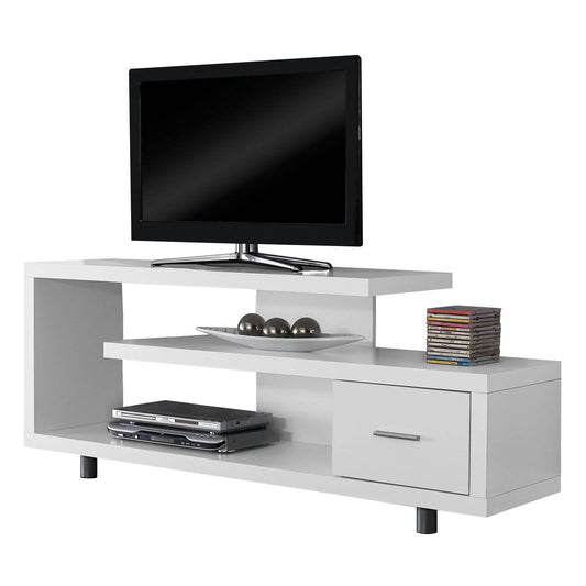 Monarch Specialties 60" Modern Art Deco Entertainment TV Stand w/ Drawer, White