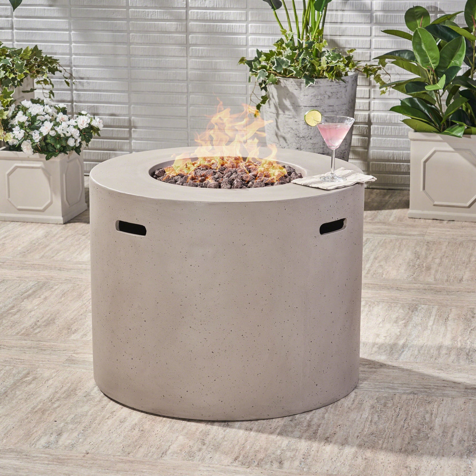 Noble House Aidan 31" Round Light Weight Concrete Gas Fire Pit in Light Gray