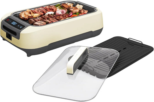 OVENTE Smokeless Indoor Electric Grill with 15x9 Inch Non-Stick Grill & Griddle Plate, White SGR85W