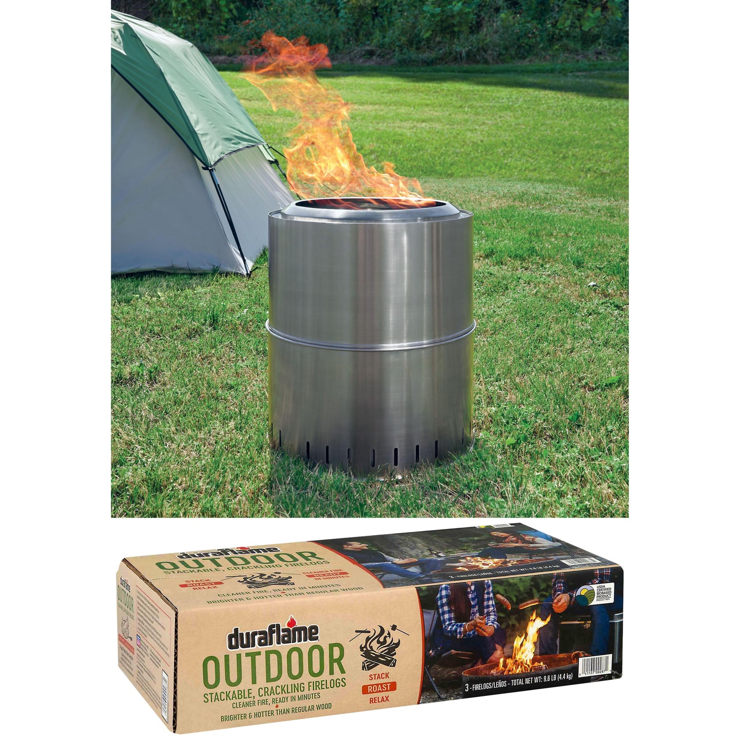 Ozark Trail 15" Collapsible Stainless Steel Smokeless Wood-Burning Camp Fire Pit with Carry Bag + Duraflame Outdoor Roasting Firelogs, Box of 3 Firelogs for 1 Crackling Campfire (3 Pack)