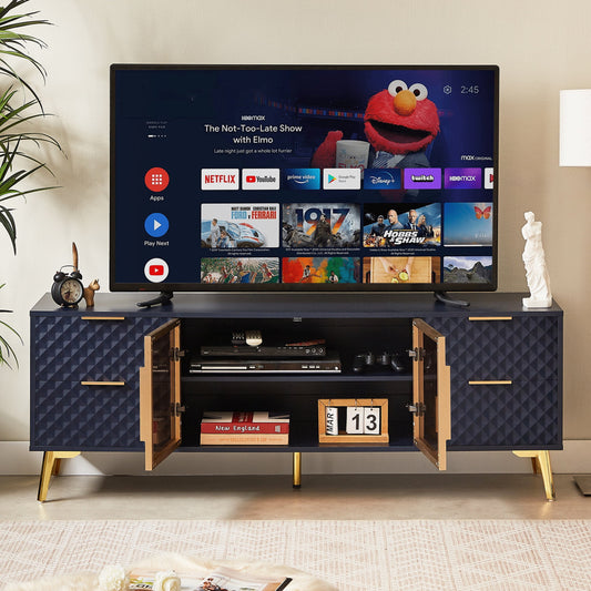 PORKISS TV Stand for TVs up to 65", Entertainment Center with Tempered Glass Door, TV Console Cabinet with 4 Drawers, TV Table Media Console Cabinet Furniture For Living Bedroom, Dark Blue