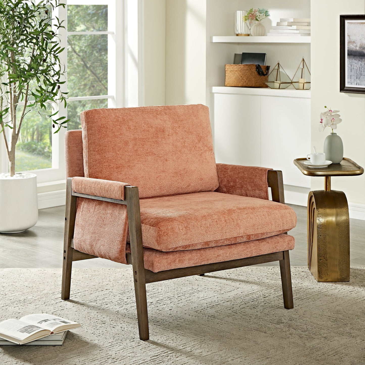 Roundhill Furniture Kelly Mid-Century Modern Velvet Accent Armchair, Orange